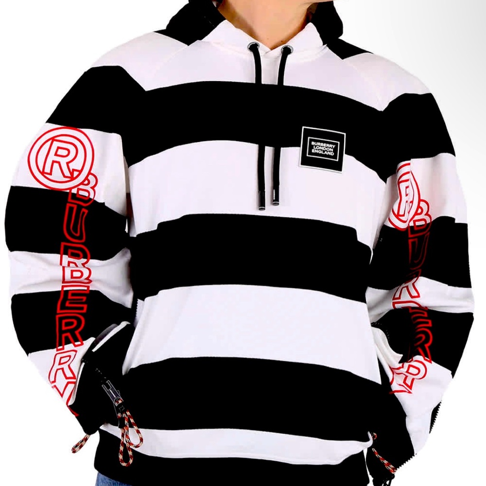 NWT Men's Burberry Printed Logo Black & White Striped Hoodie Size XS (fits S/M)